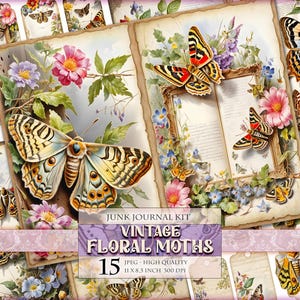 Vintage Floral Moths, Watercolor Junk Journal Kit, Printable Double Pages 15 JPG - 11X8.5 inch , Instant download, Digital collage sheet
