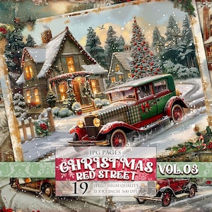 クリスマス レッド ストリート Vol.03、冬の風景、印刷可能な 19 枚の JPG 画像、デジタル ジャンク ジャーナル エフェメラ スクラップブック ページ、即時ダウンロード。