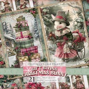 Cadeau lapin de Noël, kit de journal imprimable aquarelle, pages numériques, étiquettes, ATC, 21 JPG 11 x 8,5 pouces, téléchargement immédiat.