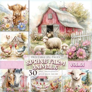 Spring Farm Animals Vol.01, 30 Junk Journal Pages with Rustic Red Barn and Floral Countryside Scenes for Nursery Decor and Paper Crafts