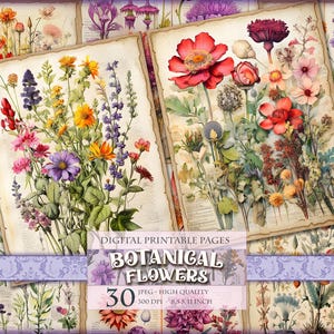 Botanische bloemen, ongewenste dagboekpagina's, plakboekcollagevellen, afdrukbare 30 enkele pagina JPG - 11 x 8,5 inch, directe download.