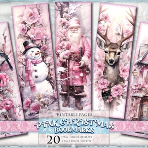 Marque-pages de Noël roses, Noël vintage, feuilles numériques aquarelles, 2 x 6,3 pouces 20 signets en 4 pages JPG imprimables, téléchargement immédiat.
