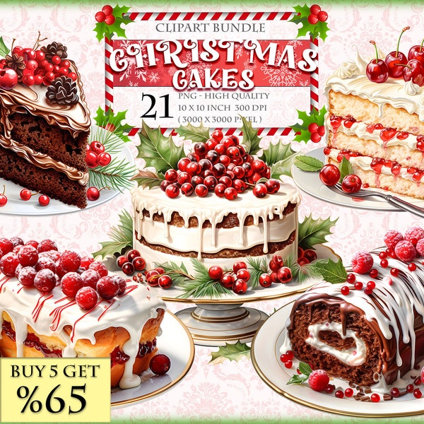 Christmas Cakes, Noel Holiday, Pastry Themed Watercolor Clipart Bundle, HQ Printable PNG format, instant download.