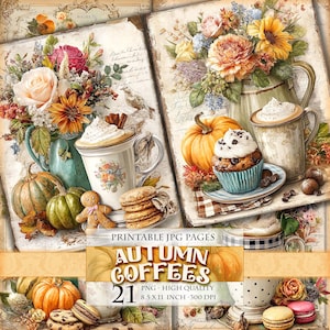 Cafés de otoño, tartas y pasteles florales de otoño, imagen JPG imprimible de 21, páginas de diario basura vintage, decoupage efímero, descarga instantánea.