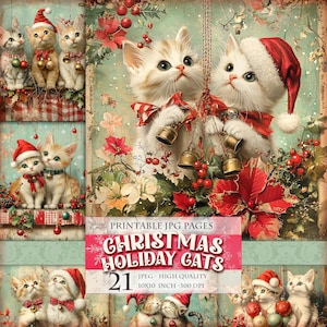Weihnachten Katzen, Noel Tiere, 21 JPG Bilder zum Ausdrucken, Scrapbook Junk Journal Postkarte Decoupage Aquarell Sofort download.