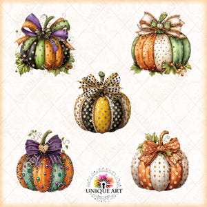 May include: A collection of five watercolor pumpkins with decorative bows and embellishments. The pumpkins feature a variety of colors, including orange, green, black, and yellow, with polka dot and jewel accents. The Unique Art Factory logo is at the bottom.