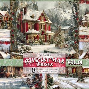 Maisons de Noël vintage Vol.01, feuille de collage numérique, pages de scrapbooking imprimable Journal indésirable, carte postale faisant le découpage Téléchargement instantané.