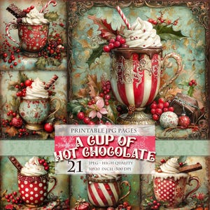 Eine Tasse heiße Schokolade, druckbare 21 JPG Bilder Retro Vintage Clipart Scrapbook Junk Journal Postkarte Wand Kunst Gemälde, sofort Download