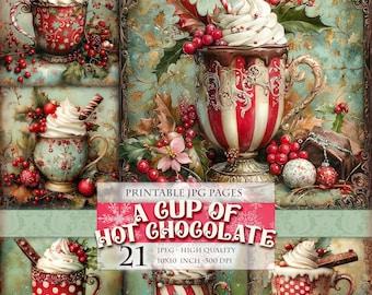 A Cup of Hot Chocolate, Printable 21 HQ JPG images Retro Vintage Clipart Scrapbook Junk Journal Postcard Wall Art Painting, Instant download