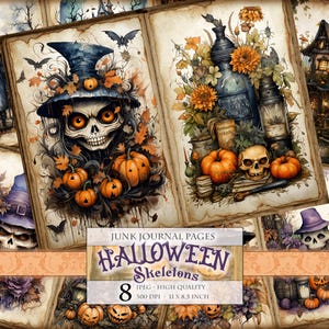 Puede incluir: Ocho p&aacute;ginas digitales imprimibles para diarios de chatarra con ilustraciones de Halloween de esqueletos, calabazas y otros elementos espeluznantes. Las p&aacute;ginas miden 28 cm por 21,5 cm y 300 DPI.