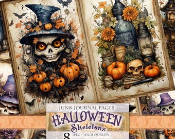 Páginas de diario basura de acuarela con temática de esqueletos y terror de Halloween, álbum de recortes, 8 JPG - 11 X 8,5 pulgadas, imagen imprimible, descarga instantánea.