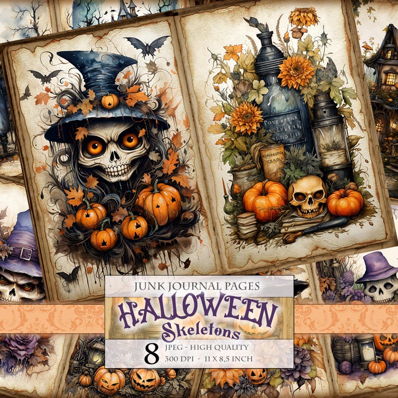Puede incluir: Ocho p&aacute;ginas digitales imprimibles para diarios de chatarra con ilustraciones de Halloween de esqueletos, calabazas y otros elementos espeluznantes. Las p&aacute;ginas miden 28 cm por 21,5 cm y 300 DPI.