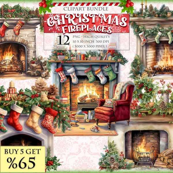 Christmas Fireplace, Gifts and Ornaments, Watercolor Clipart Bundle, HQ Printable, PNG format, instant download