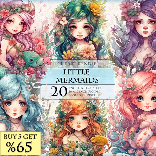 Little Cute Mermaids - Magical Sea Maiden - Sea Princess - Watercolor ClipArt - HQ Printable PNG format instant download