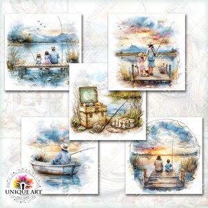 May include: A collection of watercolor art prints depicting fishing scenes. The images show people fishing from docks and boats, with serene lake and sunset backgrounds. The art style is soft and dreamy, with muted colors and a focus on family and nature.