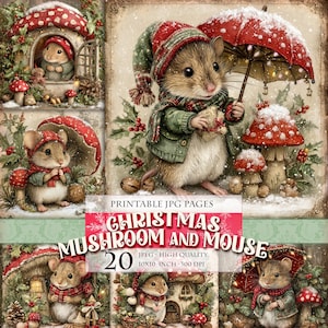 Op de afbeelding: Een digitale collage met kerstillustraties. Het toont muizen in feestelijke kleding, paddenstoelhuizen en roodkapjes. De tekst luidt "Christmas Mushroom and Mouse" en "20 JPEG - Hoge kwaliteit 25.4x25.4 cm - 300 DPI".