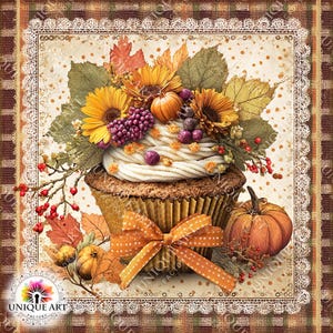 May include: A digital illustration of a cupcake decorated with sunflowers, pumpkins, and fall foliage. The cupcake has a white frosting swirl and is adorned with a polka-dot orange bow. The background features a lace-edged frame.