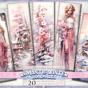 Marcadores de página românticos de inverno rosa, folhas digitais de aquarela, 2 x 6,3 polegadas, 20 marcadores em 4 páginas JPG para impressão, download instantâneo.