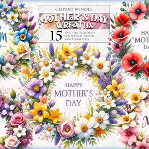 Muttertagskränze, Blumen Aquarell Clipart Bundle, 15 qq bedruckbar, transparentes PNG-Format, Sublimation, sofortiger Download.