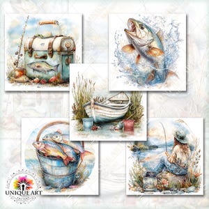 May include: Watercolor illustrations of fishing scenes. Images include a tackle box, a fish jumping out of water, a boat, a bucket of fish, and a person fishing by a lake. The color palette is soft, with blues, greens, and browns.