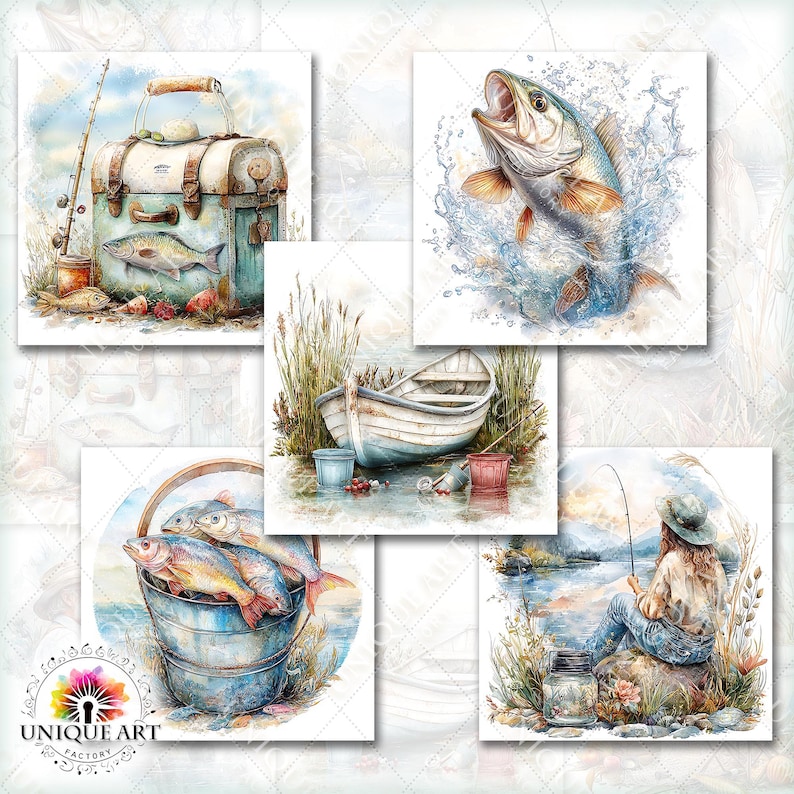 May include: Watercolor illustrations of fishing scenes. Images include a tackle box, a fish jumping out of water, a boat, a bucket of fish, and a person fishing by a lake. The color palette is soft, with blues, greens, and browns.