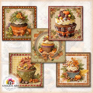 May include: A collage of five images featuring cupcakes with autumn-themed decorations. Each cupcake has a brown base, white frosting, and is adorned with pumpkins, berries, and leaves. The images are framed with decorative borders and feature the text "UNIQUE ART FACTORY".