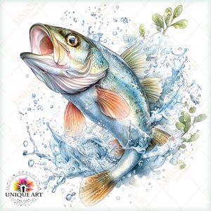 May include: Watercolor illustration of a largemouth bass leaping out of water. The fish is depicted in shades of blue, silver, and orange, with water splashing around it. Green leaves are also present. The artwork has a dynamic and energetic feel.