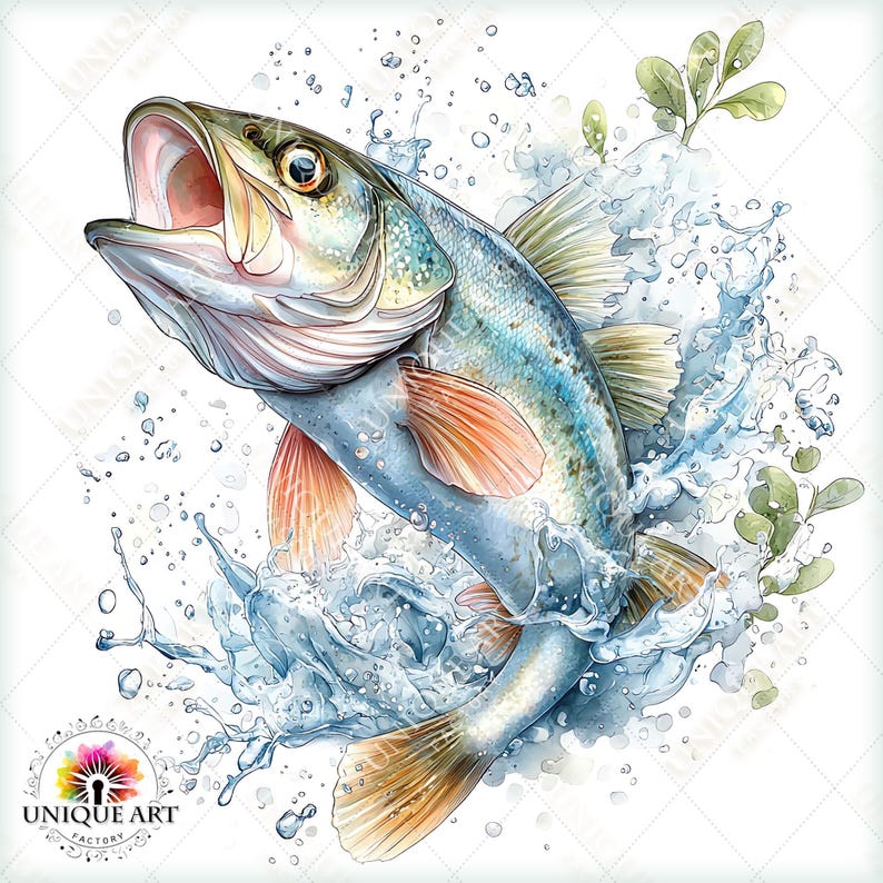 May include: Watercolor illustration of a largemouth bass leaping out of water. The fish is depicted in shades of blue, silver, and orange, with water splashing around it. Green leaves are also present. The artwork has a dynamic and energetic feel.