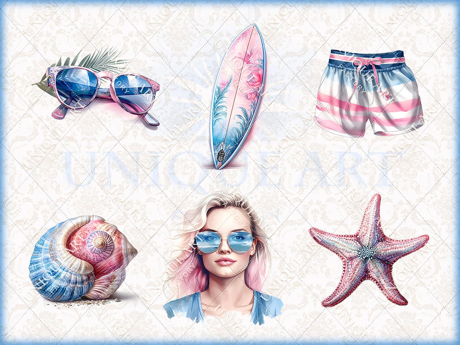 Summer Beach - Watercolor Clipart Bundle - 30 HQ Printable PNG + 12 ...
