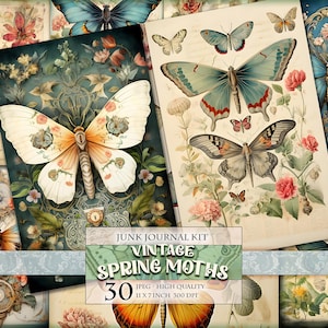 Vintage Frühling Motten, Aquarell druckbare digitales Bild, 20 Einzelseite 11 x 7 Zoll + 10 Doppelseite 11 x 8,5 Zoll, Scrapbook sofort Download.