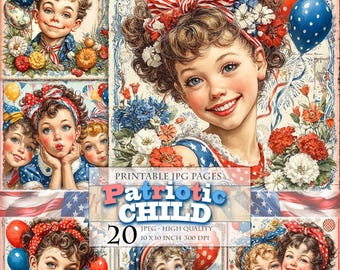 Patriotic Childs, 4th July Cliparts, Printable HQ 20 JPG image, Junk Journal Digital Pages, Scrapbook Ephemera, Decoupage, Instant download.