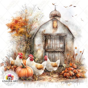 Autumn Farm Landscape Printable 30 JPG Image, Rustic Country Watercolor ...