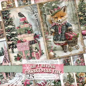 Renard de Noël à offrir en cadeau, kit de journal imprimable aquarelle, pages numériques de scrapbooking, étiquettes, ATC, 25 JPG 11 x 8,5 pouces Téléchargement instantané.