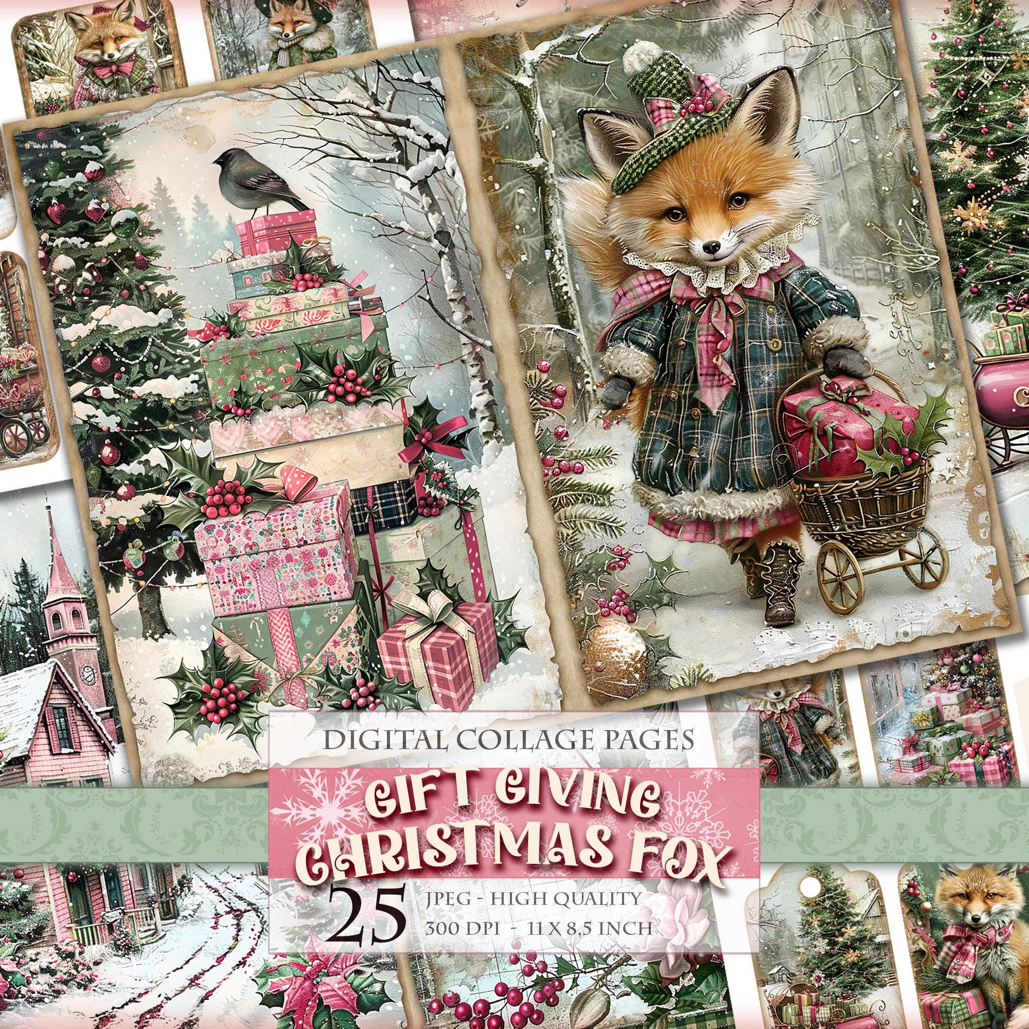 Gift Giving Christmas Fox, Watercolor Printable Junk Journal Kit, Scrapbook Digital Pages, Labels, ATC, 25 JPG 11X8,5 inch Instant download.