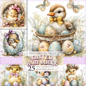 Patitos de Pascua, cliparts de huevos florales de primavera, imagen JPG HQ 25 imprimible, páginas de folio de diario basura, efímeras de álbum de recortes, descarga instantánea.