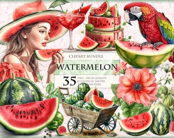 Watermelon and Blossom, Printable HQ 35 PNG image, Tropical Fruit Themed Watercolor Clipart Fussy Cuts Sticker Sublimation instant download.