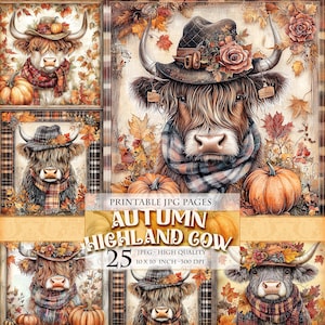 Vache Highland automne, clipart automne, image imprimable 25 HQ JPG, téléchargement immédiat d'image de carte postale de découpage de scrapbooking journal.