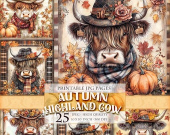 Autumn Highland Cow, Fall Clipart, Printable 25 HQ JPG image, scrapbook junk journal ephemera decoupage postcard image instant download.