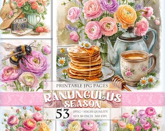 Ranunculus Season, Floral Clipart Set, Printable 53 JPG image, Elegant Spring Flowers, Pastel Scenes, Luxury Garden Art (Digital Download)