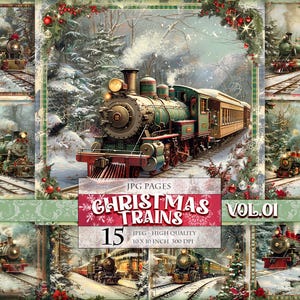 Christmas Trains Vol.01, druckbare Scrapbook Seiten, Aquarell digitale Bilder, Junk Journal, Postkarte, Decoupage machen, sofort download.