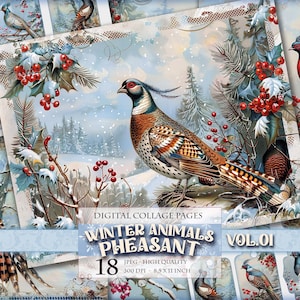 Animales de invierno - Faisán Vol.01, Paisaje nevado, imagen JPG HQ 18 imprimible, Diario basura, Álbum de recortes, Efímeras Fussy Cuts Descarga instantánea.