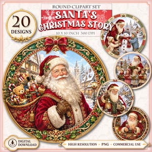 Pode incluir: Um conjunto de cliparts digitais intitulado Santa's Christmas Story com 20 designs redondos. A imagem principal mostra o Pai Natal com um casaco vermelho e um saco de brinquedos, emoldurado por uma borda de azevinho dourada e verde. 25,4 x 25,4 cm.
