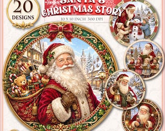 Santa's Christmas Story Round Clipart, 20 PNG Christmas Scenes, Vintage Santa and Children, Printable Holiday Circle Art, Digital Download