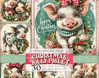 Christmas Jolly Piglet, Vintage Animal Cliparts, Printable 30 JPG image, Junk Journal Pages Scrapbook Ephemera Wall Art, Instant download.