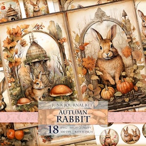 Herbst Kaninchen Aquarell Junk Journal Kit, 18 JPG - 8,5 x 11 Zoll, Sofort download und druckbar, Digitales Collage Sheet.