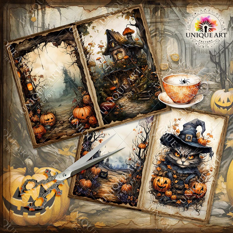Puede incluir: Una hoja de collage digital con tem&aacute;tica de Halloween. La hoja presenta im&aacute;genes de una casa encantada, un gato de bruja, calabazas y una taza de t&eacute; con una ara&ntilde;a. La hoja es perfecta para scrapbooking, creaci&oacute;n de tarjetas y otros proyectos de manualidades.