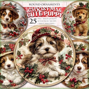 Lindos adornos navideños redondos de cachorros, clipart de acuarela, 25 PNG imprimibles, colgador de puerta, adorno de letrero de corona, descarga instantánea.