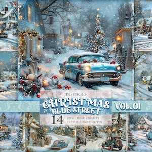 クリスマス ブルー ストリート Vol.01、冬の風景、印刷可能なデジタル スクラップブック ページ、13.5 x 13.5 インチ 14 JPG ファイル、即時ダウンロード。