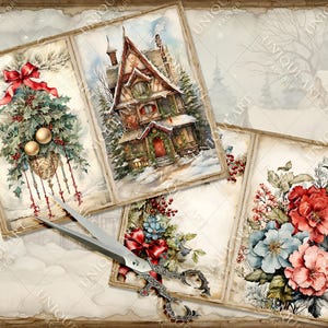 May include: Four vintage-style Christmas cards with a wintery theme. The cards feature a decorated house, a wreath with ornaments, a bouquet of red and blue flowers, and a snowy scene with a tree.
