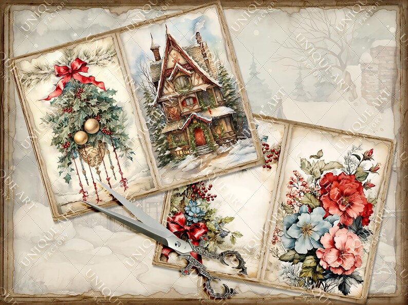 May include: Four vintage-style Christmas cards with a wintery theme. The cards feature a decorated house, a wreath with ornaments, a bouquet of red and blue flowers, and a snowy scene with a tree.